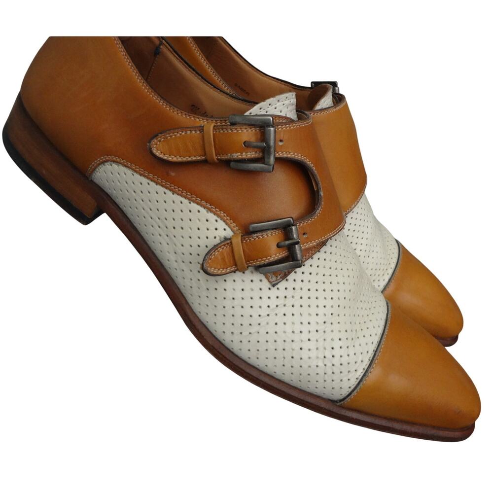 Mezlan Saber Tan White Monk Strap Dress Shoe Cap Toe Perforated Two Tone Mens 9